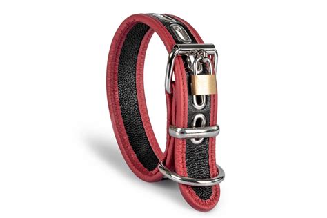 32mm Lockable Bondage Collar Soft Leather With Red Trim And D~ring