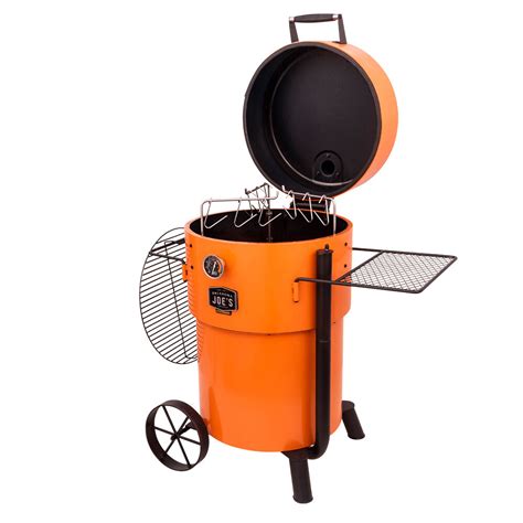 Oklahoma joe's bronco is a $299 barrel smoker with hinged lid, gasket, side shelf, wheels, capacity to hang up to 9 racks of ribs, grilling capabilities, adjustable intake and exhaust, and charcoal basket that can hold up to 12 hours worth of charcoal. Oklahoma Joe's Bronco Pro Drum Smoker | Camping World