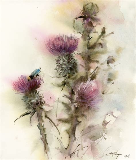 Watercolor Painting Thistle Painting Scotland National Etsy Floral