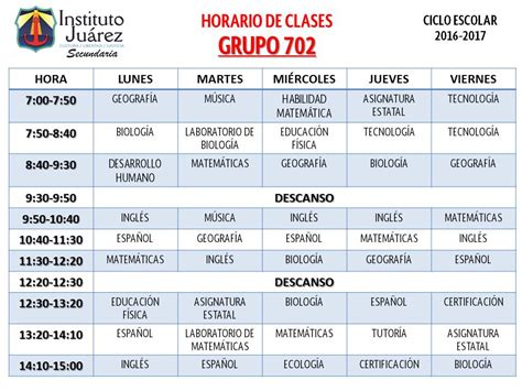 Instituto Juárez 1° Secundaria Horario De Clases Ciclo Escolar 2016 2017