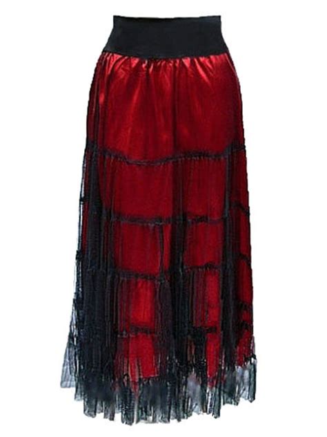 Red Satin And Black Net Long Gothic Skirt Womens Gothic