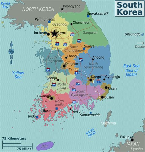 1 map including all korean speaking countries (north korea and south korea) • 2 maps per country (4 total), one with provinces labeled and one blank. South Korea Regions Map • Mapsof.net