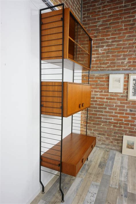 1950s Design Teak Wooden And Black Metal Wall Unit Shelves