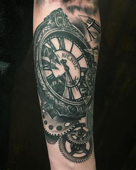 Realistic Clock And Gears In Black And Gray By Yarda Tattoos