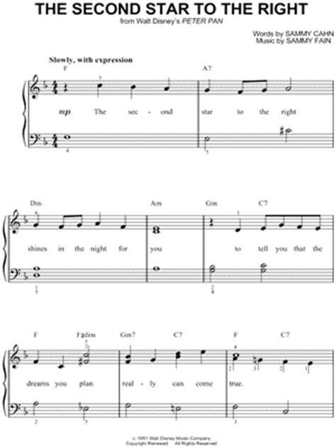 Share, download and print free sheet music for easy piano with the world's largest community of sheet music creators, composers, performers, music teachers, students, beginners, artists and other musicians with over 1,000,000 sheet digital music to play, practice, learn and enjoy. "The Second Star To the Right" from 'Walt Disney's Peter Pan' Sheet Music (Easy Piano ...