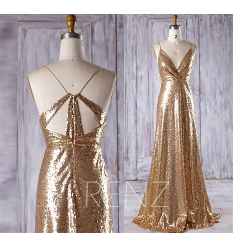 2017 Gold Sequin Bridesmaid Dress Sexy V Neck Wedding Dress Spaghetti Strap Sequin