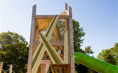 Bespoke Timber Tower Natural Playground Wood Details Plastic Tube Slide