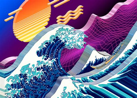 Isometric Synthwave The Great Wave Off Kanagawa Digital Art By Mike