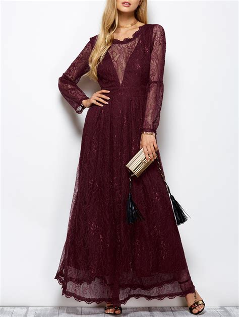 Wine Red 2xl Lace Long Sleeve Mesh Maxi Evening Dress
