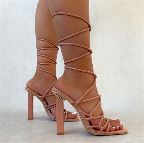 Frances Nude Square Toe Lace Up Block Heels Simmi London