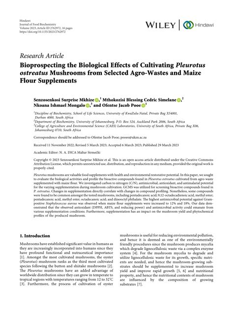 pdf bioprospecting the biological effects of cultivating pleurotus ostreatus mushrooms from