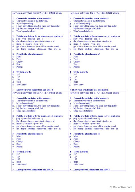 Revision Activities For Starter Unit English Esl Worksheets Pdf And Doc