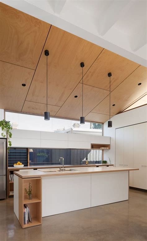 Backs are fastened with pocket screws on all edges. Home Interior Design — Plywood ceiling with seams, black canned lights,... | Plywood interior ...