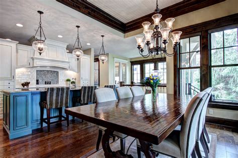 A pendant or chandelier over the dining table also helps to define that space in a vertical sense. Open floor plan kitchen and dining room - Traditional ...