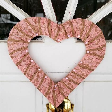 Heart Wreath Made With Wire Frame Burlap Lace Ribbon Rhinestones