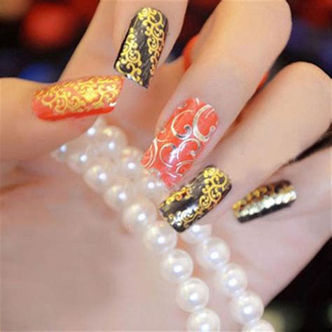 gold 3d nail art stickers decals patch metallic flowers designs stickers for nails art