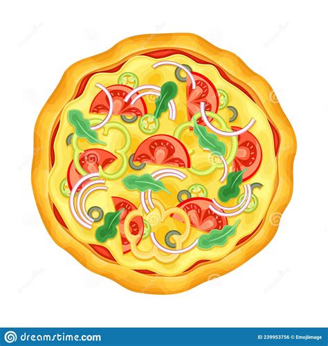 Top View Of Vegetarian Pizza With Tomato Olives Onion And Pepper