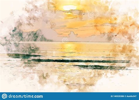 Abstract Soft Wave And Sunrise In The Morning Watercolor Illustration