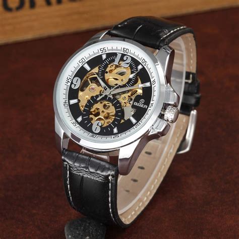 Luxury Brand Gold Mechanical Watches Pu Leather Strap Automatic