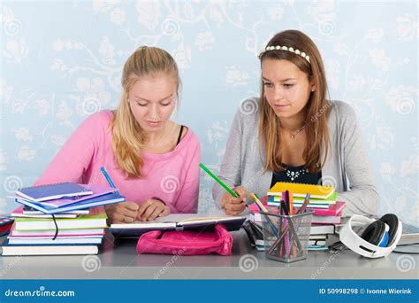 Two Teen Girls Making Homework Together Stock Photo Image Of Interior