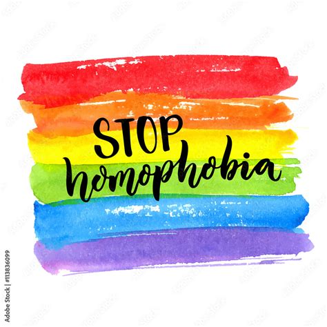 Stop Homophobia Gay Pride Slogan Handwritten Text On Rainbow
