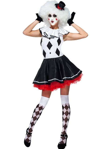 Womens Black And White Party Jester Harlequin Clown Costume Womens