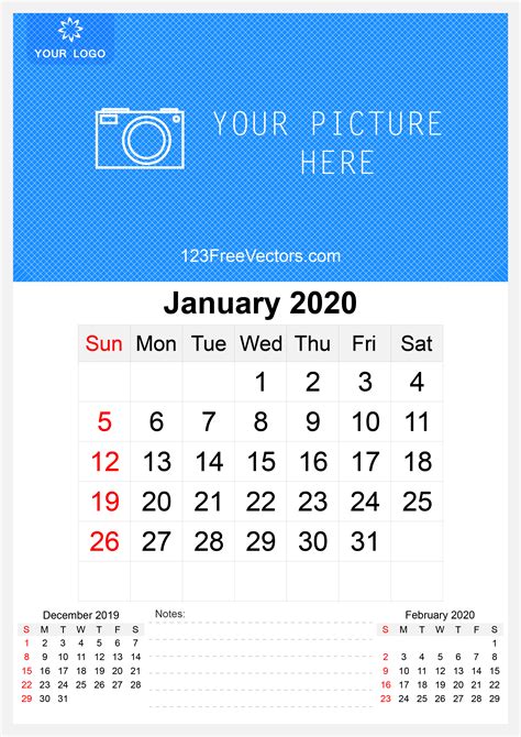 Free 2020 January Wall Calendar Template Free