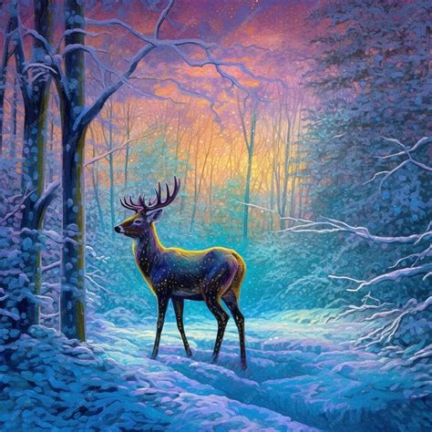 Premium Ai Image Painting Of A Deer In A Snowy Forest With A Sunset