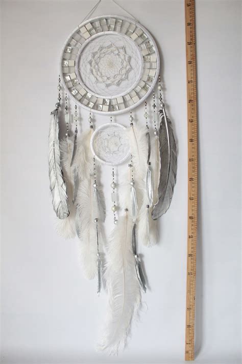 Large White Dream Catcher With White Silver Feathers And Etsy