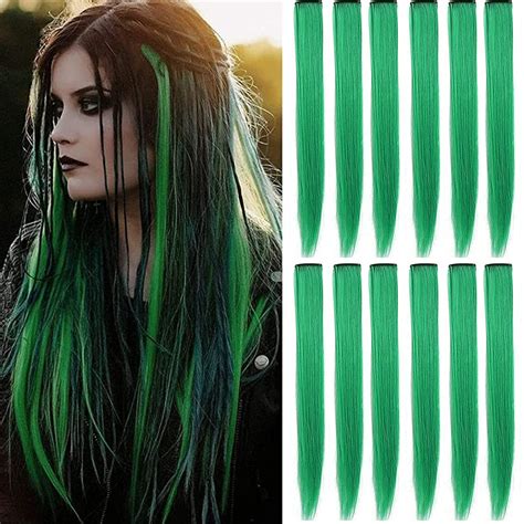 12 Pcs Green Hair Extensions Clip In Colored Party