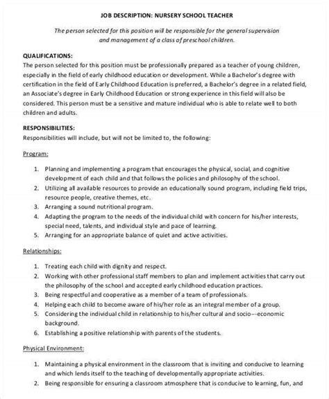 Preschool Teacher Job Description Pdf Free Online Document