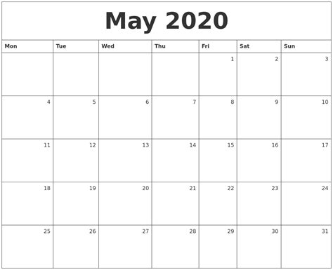 Catch Monthly 2020 Calendar Monday Through Friday Calendar Printables
