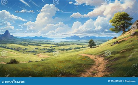 Colorful Anime Landscape With Expansive Skies And Serene Pastoral