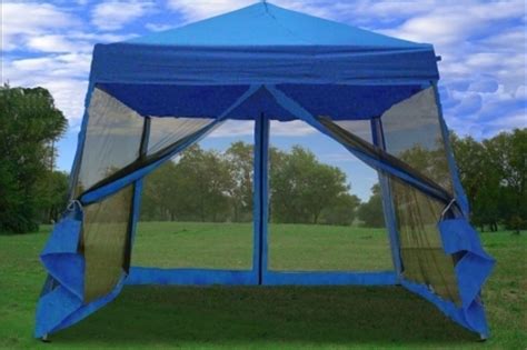 These lightweight shelter and advertising solutions are great for parties, sporting competitions, fairs, festivals and other outdoor events. 8' x 8' Easy Pop Up Blue Canopy Tent with Net