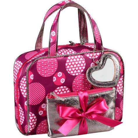 Modella Weekender Set Cosmetics Bag Pink With Heart And Love Polka Dot