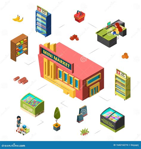 Mini Market Concept Grocery Store Isometric Vector Illustration Stock
