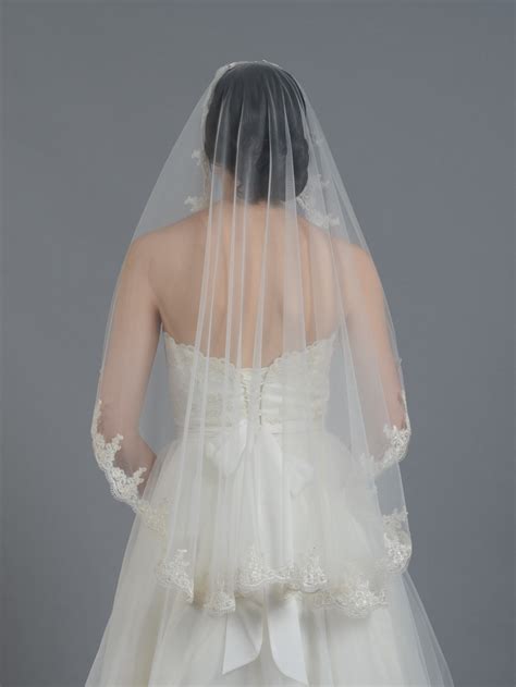 Bridal Mantilla Veil Elbow Alencon Lace V027e Whiteivory