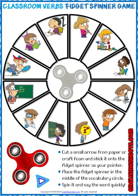 Classroom Verbs Esl Printable Fidget Spinner Game For Kids