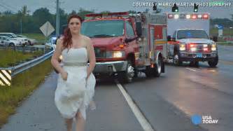paramedic bride hikes up wedding dress to help at crash