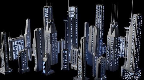 Sci Fi Buildings Kitbash With Materials Futuristic Cyberpunk 3d Model