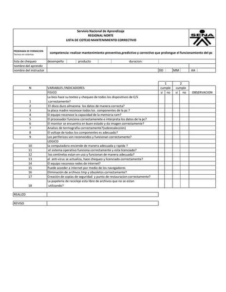 Lista De Chequeo Resultados Limpieza Interna Y Externa De Un Pc