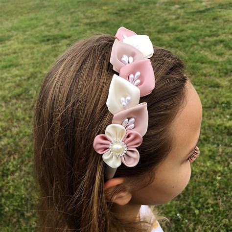 Pale Pink Flowers Headband For Girl Elegant Headband Satin Etsy