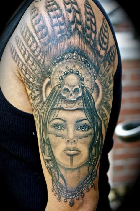 For the bone and skull enthusiasts, this tattoo has a large 3d skull pictured coming out of an aztec pyramid through a stream of smoke. aztec princess tattoos 732 | Aztec tattoo, Aztec tattoos ...