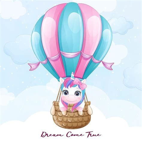 Cute Doodle Unicorn Flying With Air Balloon Illustration 2064193 Vector