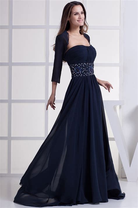 Beautiful A Line Crystal Beaded Navy Blue Chiffon Prom Evening Dress With Jacket