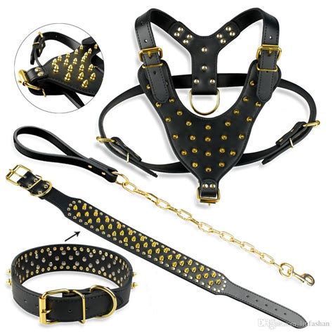 2019 Gold Spikes Studded Leather Dog Pet Pitbull Harness Studded Collar