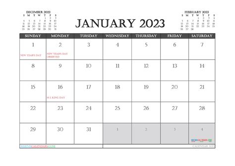Free January Calendar 2023 With Holidays Printable Pdf In Landscape