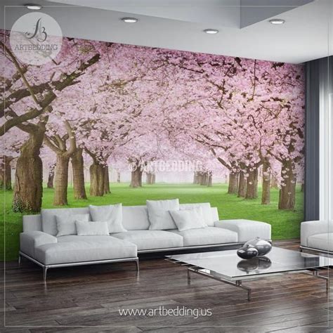 Nature Wall Mural Chery Blossom Pathway On A Green Lawn Cherry
