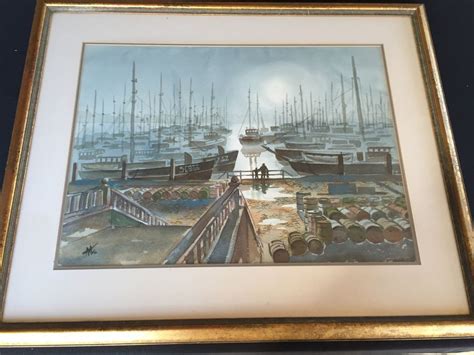 Framed Watercolor Of Harbor Scene 1972 Artist Unknown
