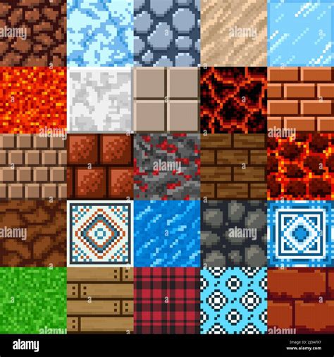 Retro 8 Bit Pixel Art Game Surface Patterns Set Vector Stone Ground